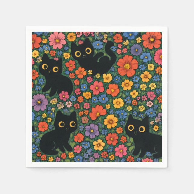 Kawaii Garden Art | Cute Black Cat Floral Pattern Pappersservett (Framsidan)