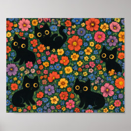 Kawaii Garden Art | Cute Black Cat Floral Pattern Poster