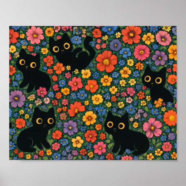 Kawaii Garden Art | Cute Black Cat Floral Pattern Poster (Framsidan)