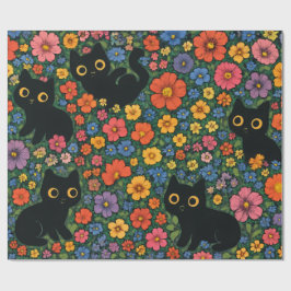 Kawaii Garden Art – Cute Black Cat Floral Pattern Presentpapper