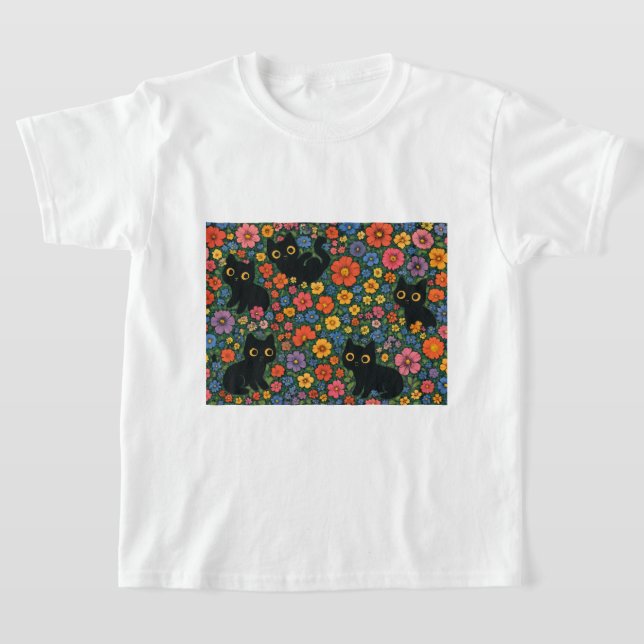 Kawaii Garden Art | Cute Black Cat Floral Pattern T Shirt (Laydown)