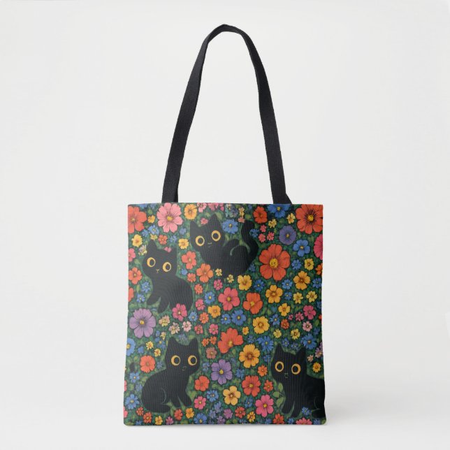 Kawaii Garden Art | Cute Black Cat Floral Pattern Tygkasse (Framsida)