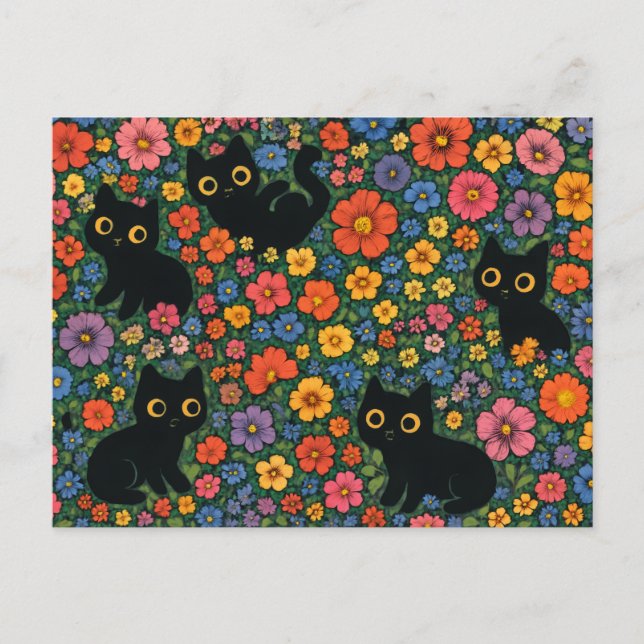 Kawaii Garden Art | Cute Black Cat Floral Pattern Vykort (Framsida)
