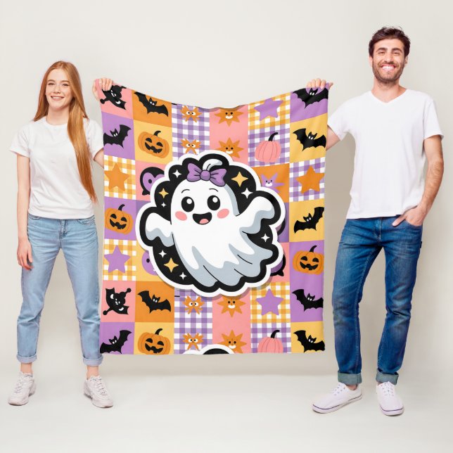 Kawaii Ghost Blanket-Cute Patchwork Tecknad Ghost Fleecefilt (På plats)