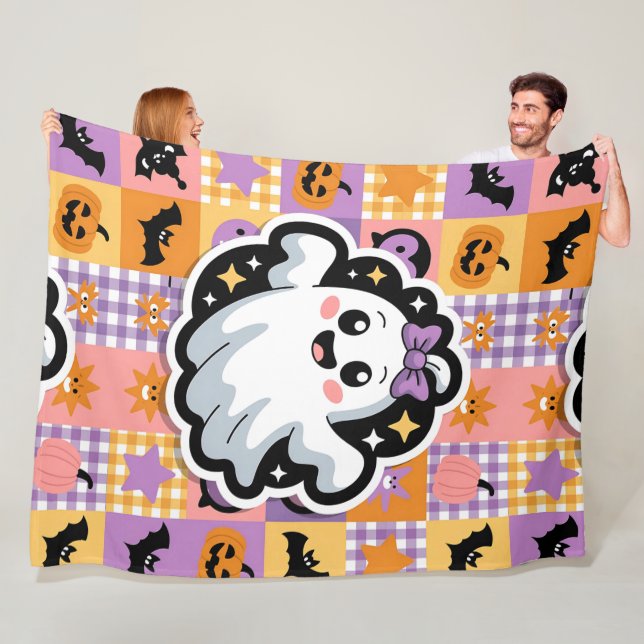Kawaii Ghost Blanket-Cute Patchwork Tecknad Ghost Fleecefilt (På plats)