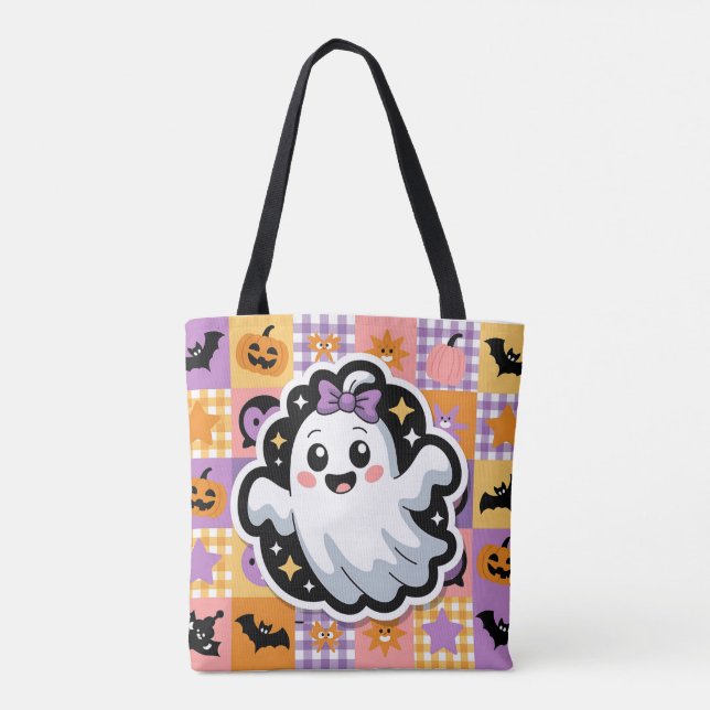 Kawaii Ghost Blanket-Cute Patchwork Tecknad Ghost Tygkasse (Baksida)