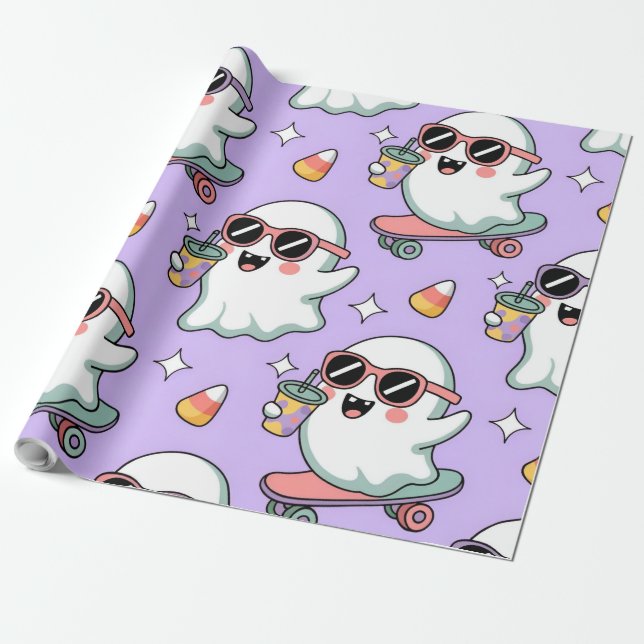 Kawaii Ghost Bubble Tea Mönster - Cute Pastel Ghos Presentpapper (Utrullad)