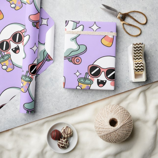 Kawaii Ghost Bubble Tea Mönster - Cute Pastel Ghos Presentpapper (Hantverk)