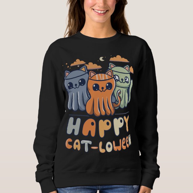 Kawaii Ghost Cats Lycklig Cat-loween Halloween Pun T Shirt (Framsida)