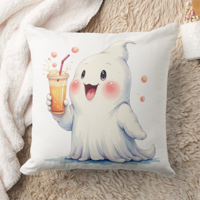 Kawaii Ghost Drinking Soda Dekorativ kudde (Filt)
