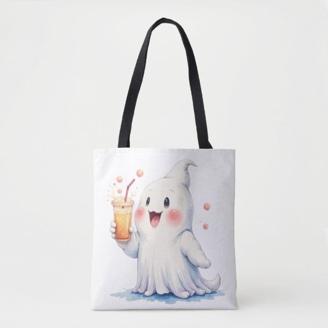 Kawaii Ghost Drinking Soda Tote Bag Tygkasse (Framsida)