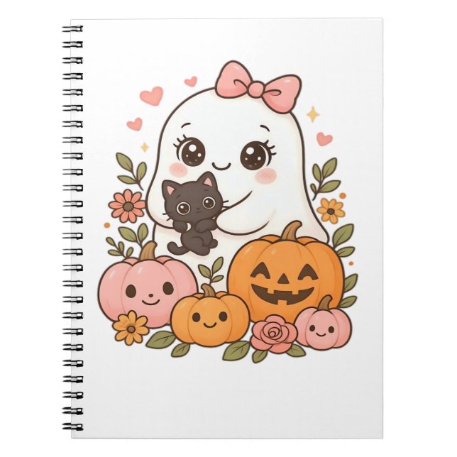 Kawaii Ghost Halloween Black Cat Pumpkin Fall Spoo Anteckningsbok (Framsidan)
