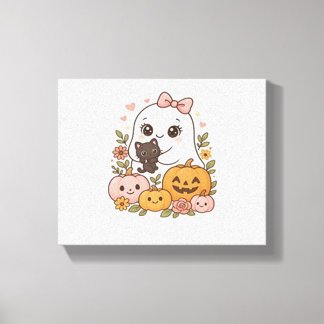 Kawaii Ghost Halloween Black Cat Pumpkin Fall Spoo Canvastryck (Framsida)
