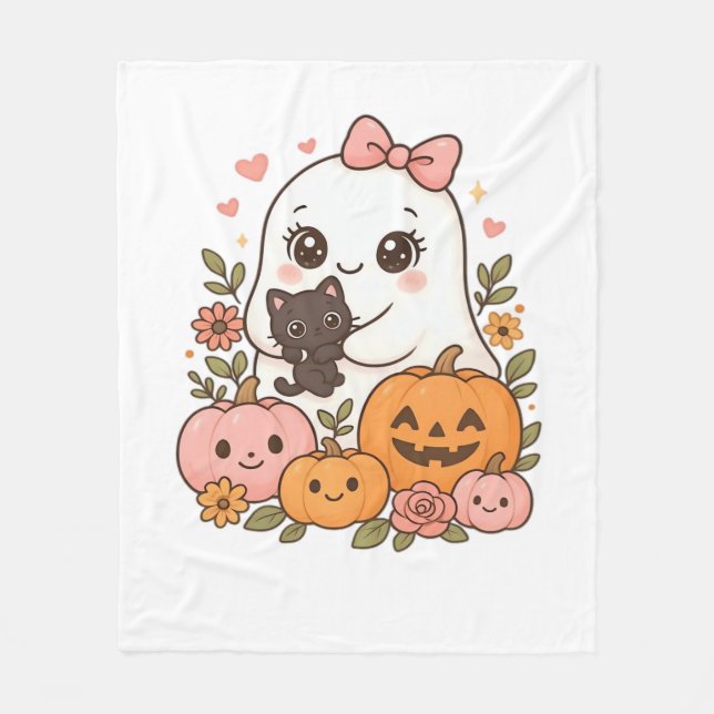 Kawaii Ghost Halloween Black Cat Pumpkin Fall Spoo Fleecefilt (Framsidan)
