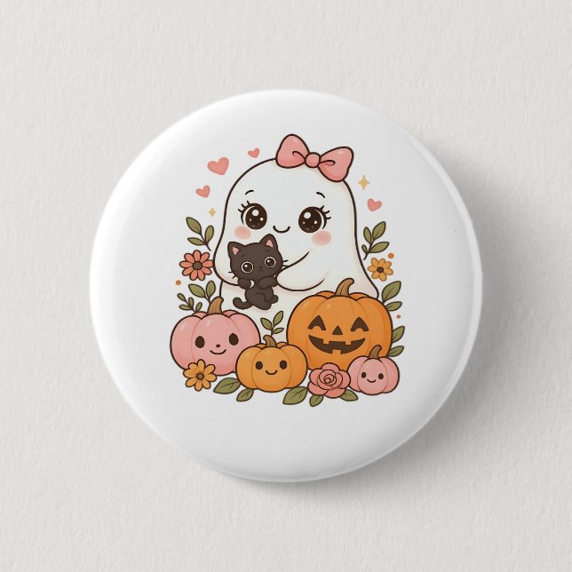 Kawaii Ghost Halloween Black Cat Pumpkin Fall Spoo Knapp (Framsida)