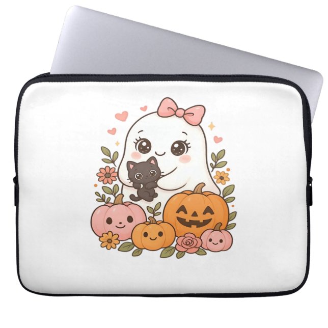 Kawaii Ghost Halloween Black Cat Pumpkin Fall Spoo Laptop Fodral (Framsidan)