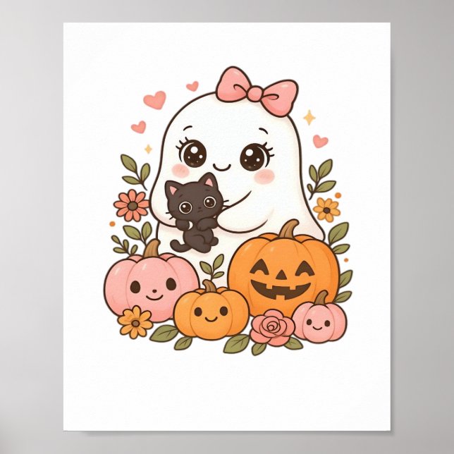 Kawaii Ghost Halloween Black Cat Pumpkin Fall Spoo Poster (Framsidan)
