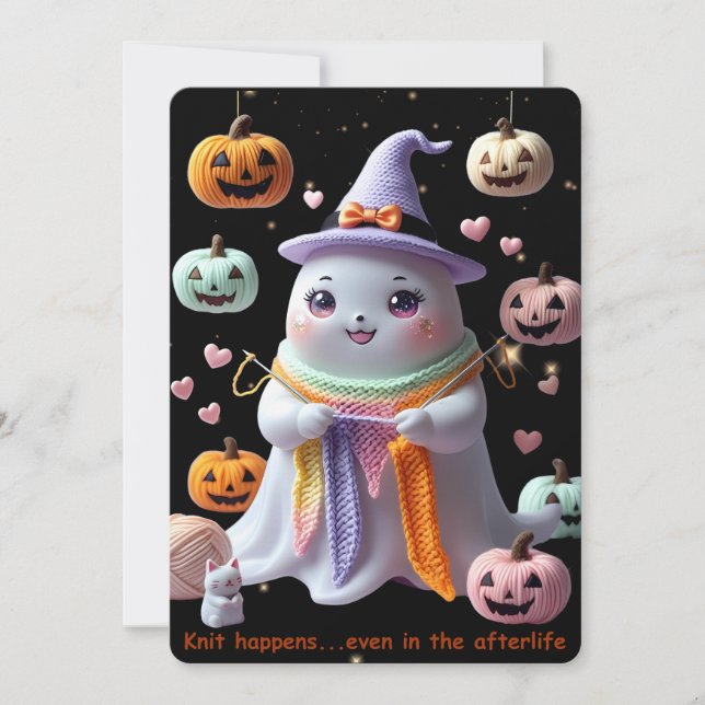 *Kawaii Ghost Knitting Halloween-inbjudan Sticke Inbjudningar (Framsida)