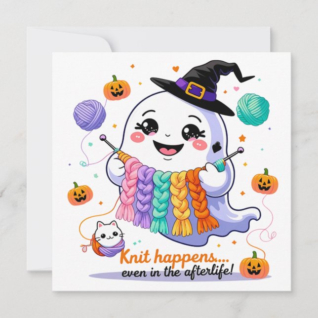 Kawaii Ghost Knitting Halloween-inbjudan Sticker Inbjudningar (Framsida)