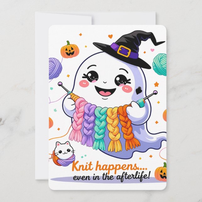 Kawaii Ghost Knitting Halloween-inbjudan Sticker Inbjudningar (Framsida)