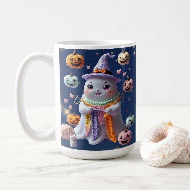Kawaii Ghost Knitting Mugg - Cute Halloween Gift f (Med munk)