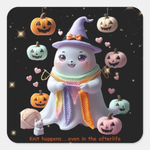 *Kawaii Ghost Knitting Sticker - Cute Halloween Gi Fyrkantigt Klistermärke
