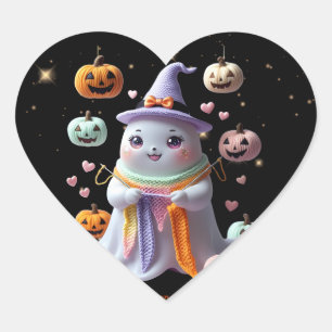 *Kawaii Ghost Knitting Sticker - Cute Halloween Gi Hjärtformat Klistermärke