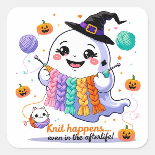 Kawaii Ghost Knitting Sticker - Cute Halloween Gif Fyrkantigt Klistermärke