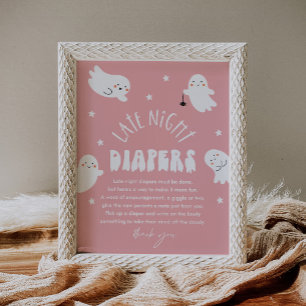 Kawaii Ghost Late Night Diaper Baby Shower Sign Poster
