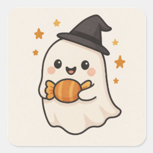Kawaii Ghost med Halloween Candy Fyrkantigt Klistermärke