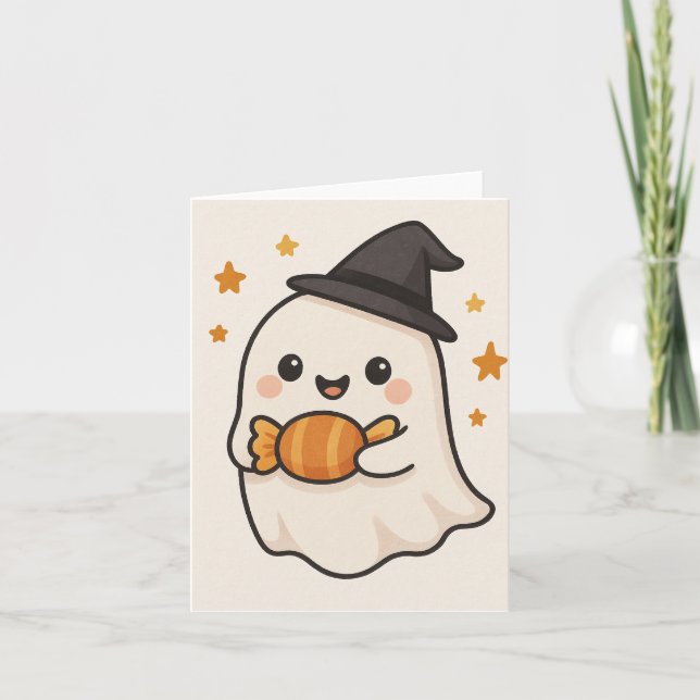 Kawaii Ghost med Halloween Candy Inbjudan (Framsida)