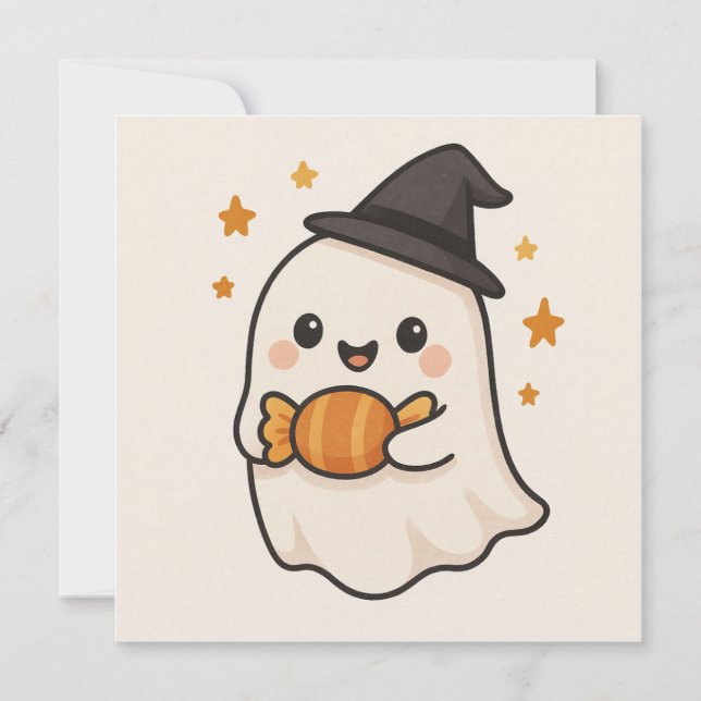 Kawaii Ghost med Halloween Candy Inbjudningar (Framsida)