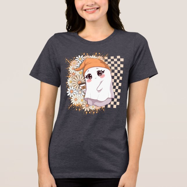 Kawaii Ghost med kaffe och Daisy - Cute Mysigt T Shirt (Framsida)