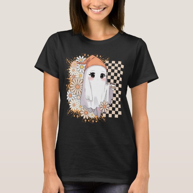 Kawaii Ghost med kaffe och Daisy - Cute Mysigt T Shirt (Framsida)