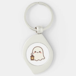 Kawaii Ghost med Lantern - Cute Spirit Design Swirl Silverfärgad Nyckelring