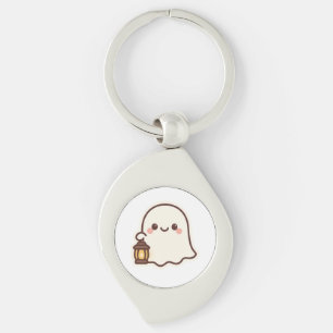 Kawaii Ghost med Lantern - Cute Spirit Design Swirl Silverfärgad Nyckelring
