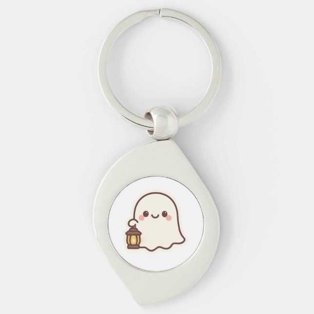 Kawaii Ghost med Lantern - Cute Spirit Design Swirl Silverfärgad Nyckelring (Framsidan)