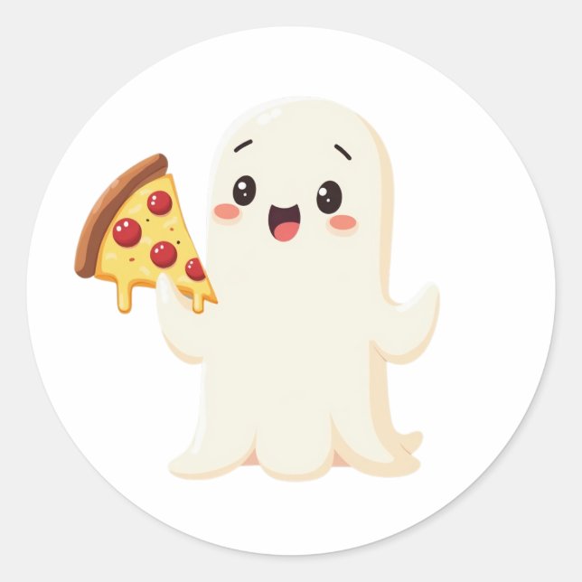 Kawaii Ghost med Pizza Runt Klistermärke (Framsida)