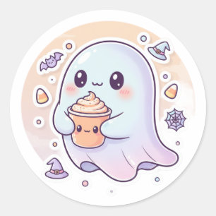 Kawaii Ghost med Pumpkin Latte - Cute Halloween S Runt Klistermärke