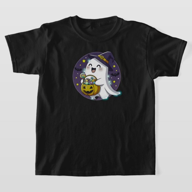 Kawaii Ghost med Witch Hat | BLACK ENDAST T Shirt (Laydown)