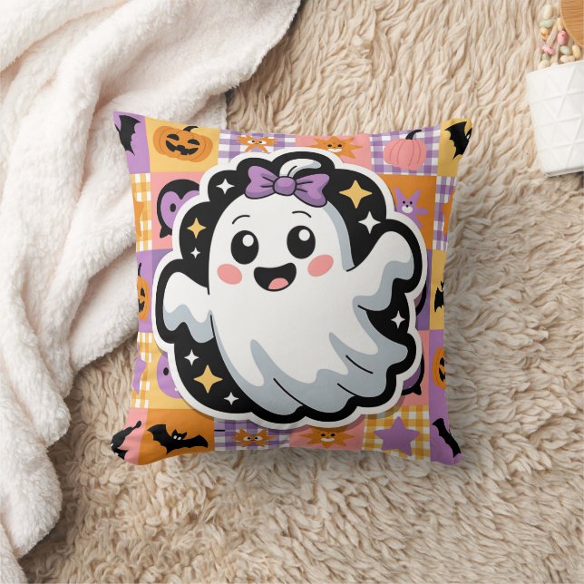 Kawaii Ghost Patchwork Sticker Dekorativ kudde (Filt)