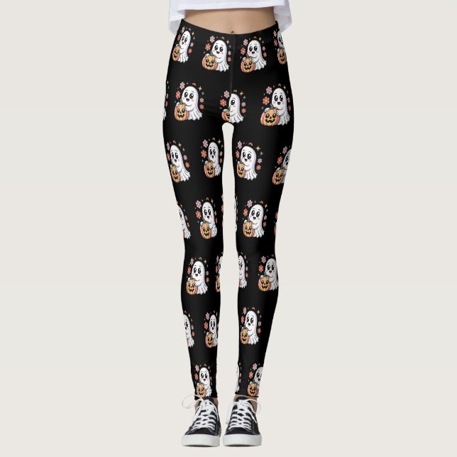 Kawaii Ghost & Pumpkin Blommigt Halloween Mönster Leggings (Framsida)