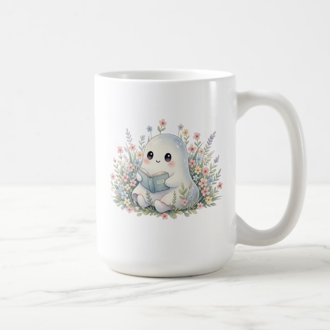Kawaii Ghost Reading Bok - Cute Pastel Watercolor Kaffemugg (Höger)