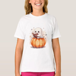Kawaii Ghost Reading on Pumpkin - Cute Halloween T Shirt