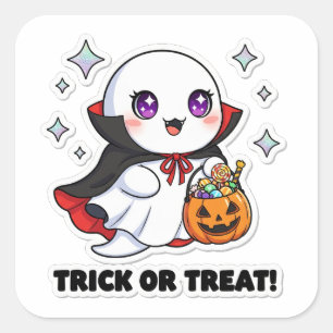 Kawaii Ghost Sticker - Cute Halloween Ghost med Fyrkantigt Klistermärke