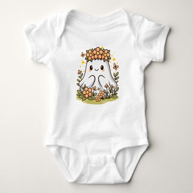 Kawaii Ghost Surroround by Flowers T Shirt (Framsida)