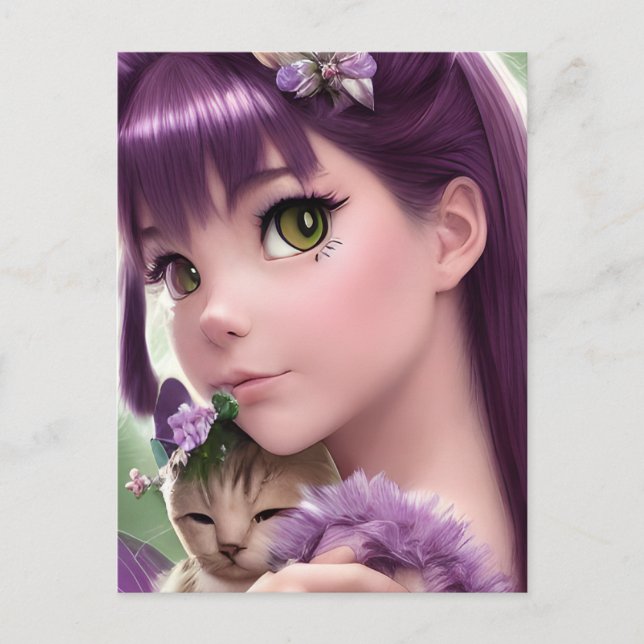 Kawaii Girl och Kitten Postcard Vykort (Framsida)