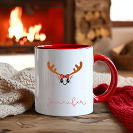 Kawaii Girl Reindeer Face Custom Name Christmas Två-Tonad Mugg