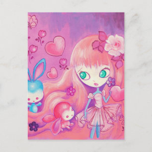 Kawaii Girl with Cute Bunnies Vykort
