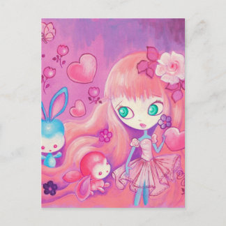 Kawaii Girl with Cute Bunnies Vykort